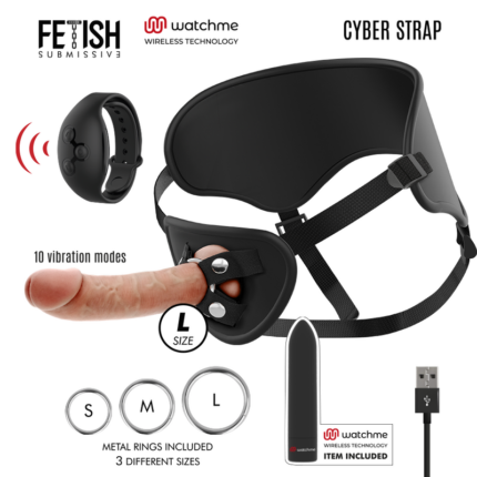FETISH SUBMISSIVE CYBER STRAP - ARNÉS CON DILDO Y BALA CONTROL REMOTO TECNOLOGÍA WATCHME L - CandyHot - Foto 1