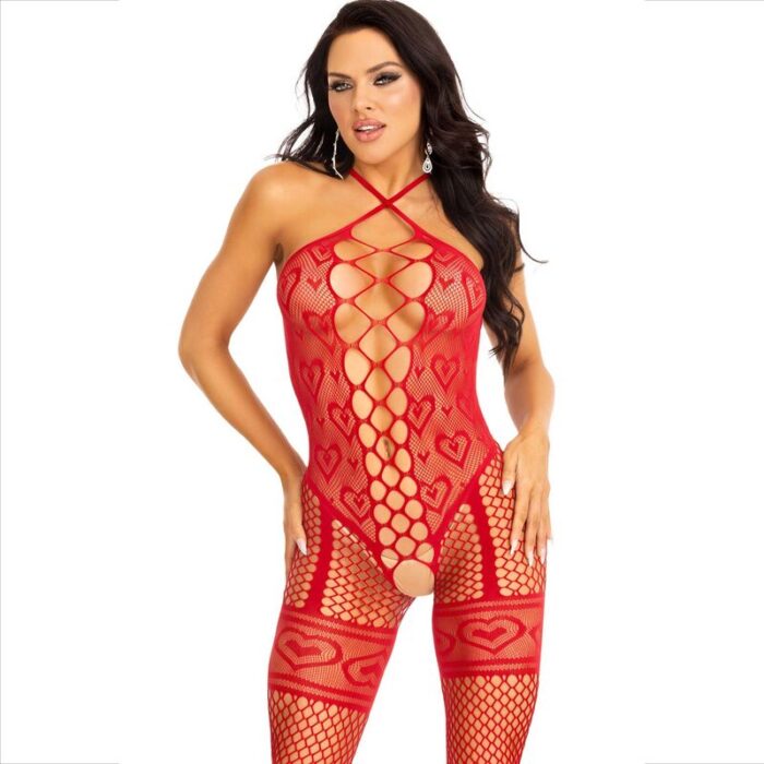 LEG AVENUE - BODYSTOCKING CUELLO HALTER RED CORAZONES ROJO - CandyHot - Foto 1
