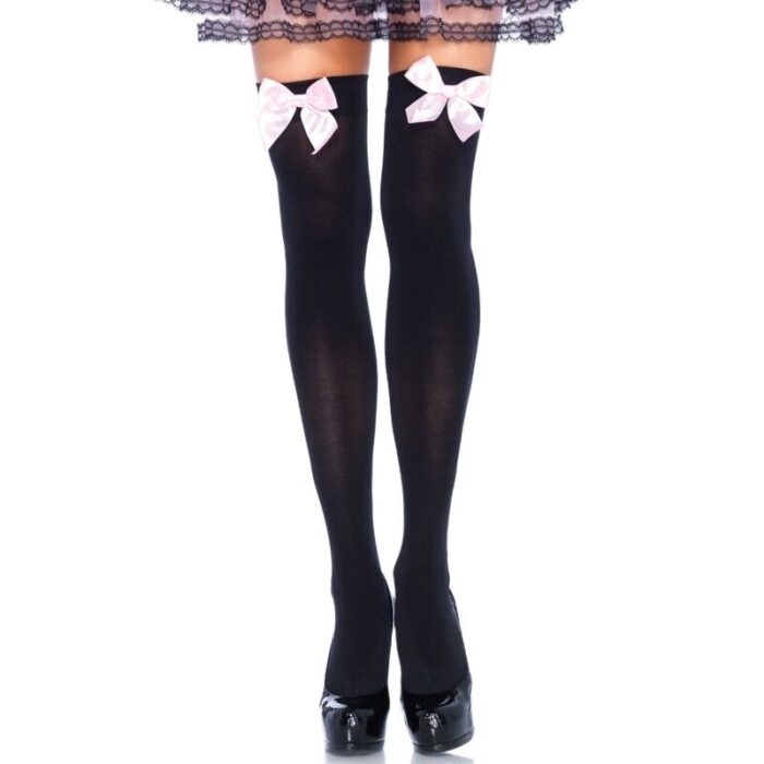 LEG AVENUE - MEDIAS ALTAS NEGRAS CON LACITO ROSA TALLA ÚNICA - CandyHot - Foto 1