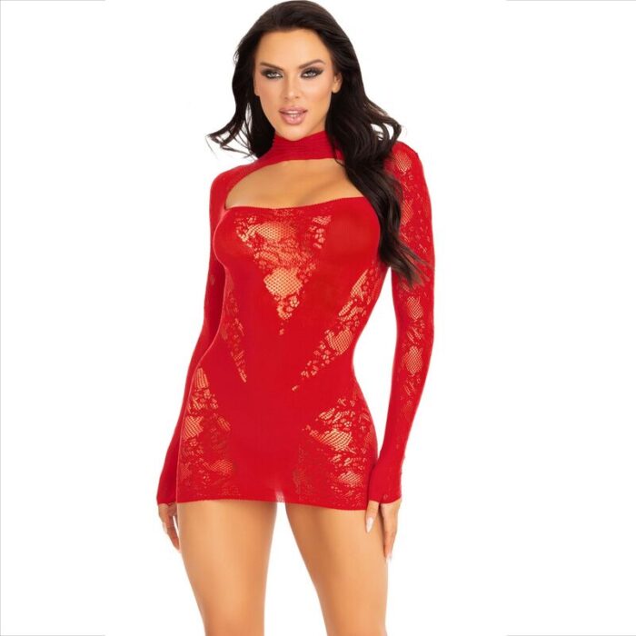 LEG AVENUE - MINI VESTIDO DE ENCAJE CON MANGA LARGA ROJO - CandyHot - Foto 1