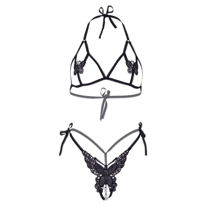 LEG AVENUE - SET DOS PIEZAS SUJETADOR Y TANGA DE MARIPOSAS Y PERLAS TALLA ÚNICA - NEGRO - CandyHot - Foto 5