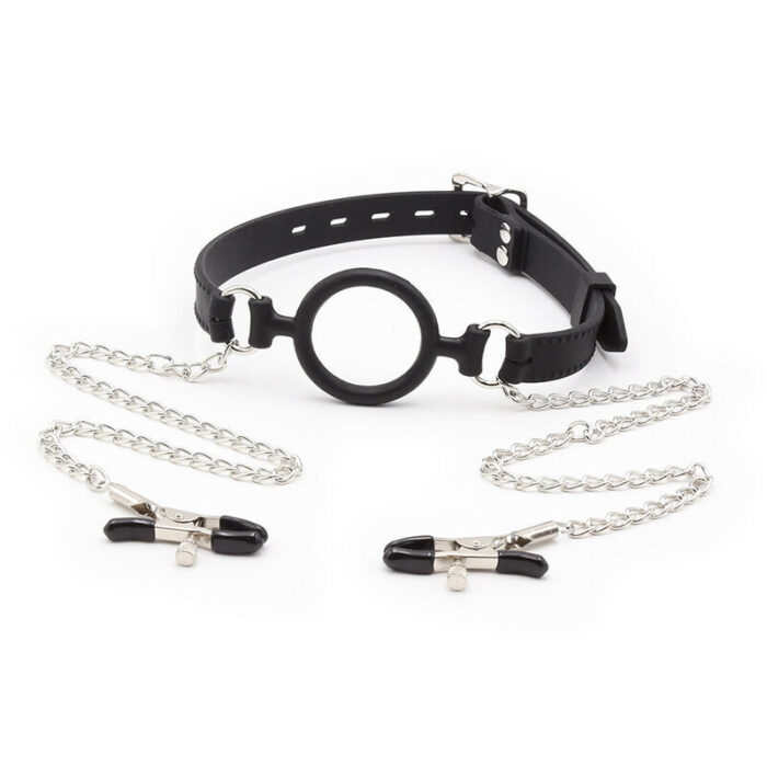 OHMAMA FETISH - MORDAZA DE ANILLA CON CADENAS Y PINZAS PEZONES - CandyHot - Foto 2