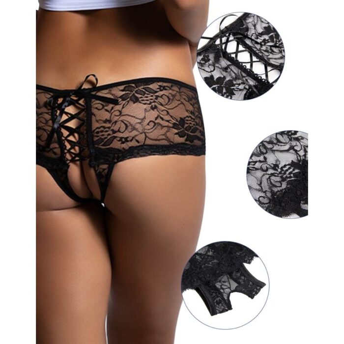 QUEEN LINGERIE - PANTIES DE ENCAJE FLORAL ABERTURA TRASERA S/M - CandyHot - Foto 3