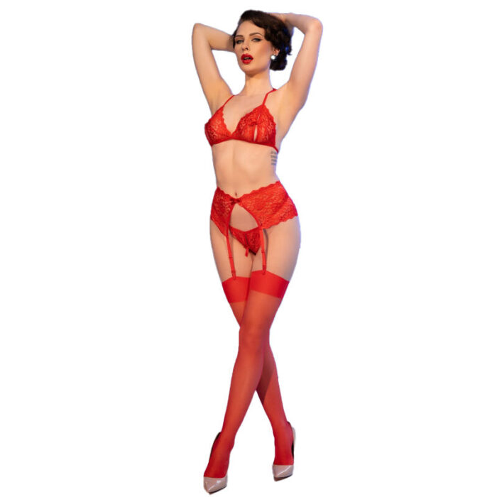 CHILIROSE - CR 4848 SET SUJETADOR + TANGA + MEDIAS DE ENCAJE ROJO L - CandyHot - Foto 4