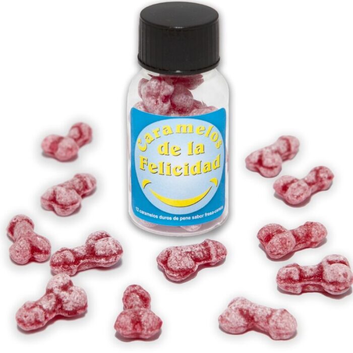 DIABLO PICANTE - BOTE 12 CARAMELOS DE LA FELICIDAD FORMA PENE FRESA/CEREZA - CandyHot - Foto 1