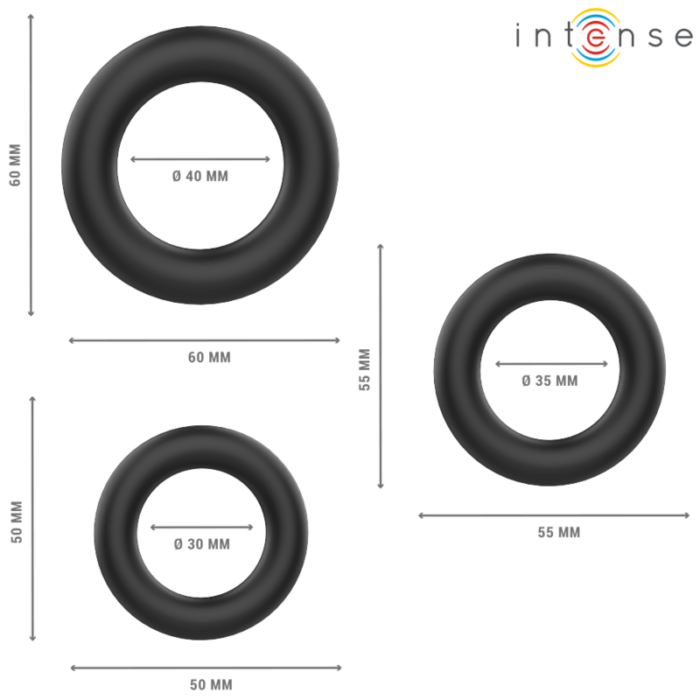 INTENSE - HUGH 3 ANILLOS BÁSICOS PARA PENE SILICONA NEGRO - CandyHot - Foto 3