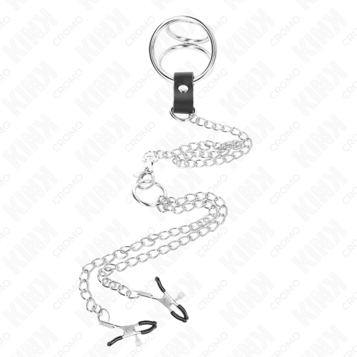 KINK - ANILLO PENE TRIPLE METAL CROMADO 3 CM A 4.5 CM CON CADENA METAL 26 CM Y PINZAS PARA PEZONES - CandyHot - Foto 3