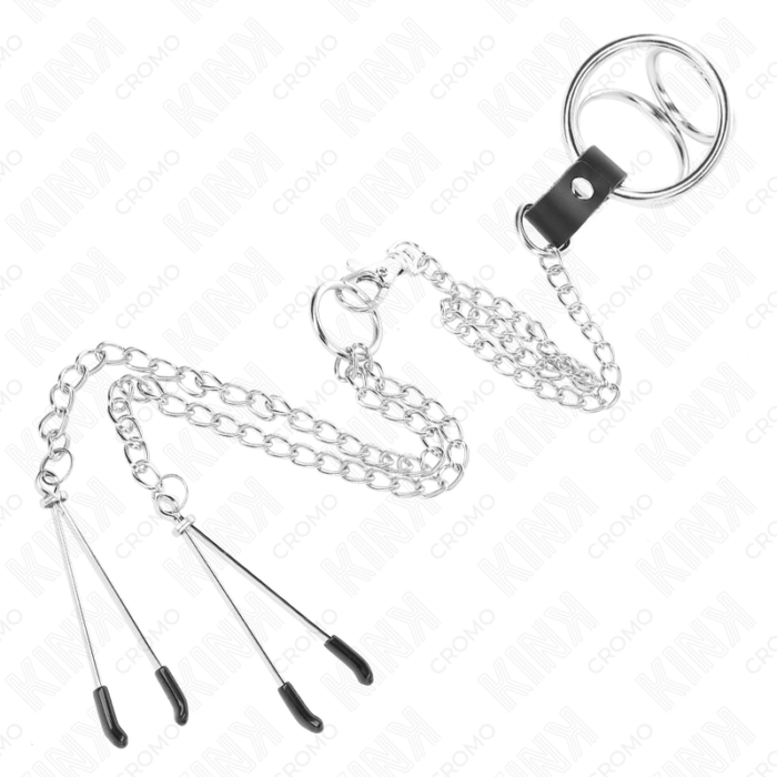 KINK - ANILLO PENE TRIPLE METAL CROMADO 3 CM A 4.5 CM CON CADENA METAL 26 CM Y PINZAS PARA PEZONES - CandyHot - Foto 4