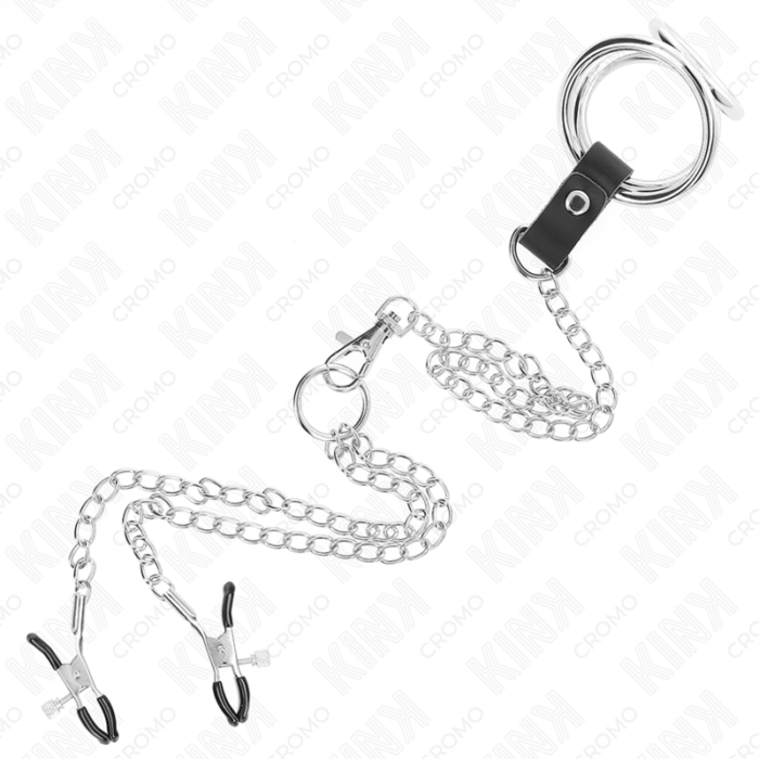 KINK - ANILLO PENE TRIPLE METAL CROMADO 3 CM A 4.5 CM CON CADENA METAL 26 CM Y PINZAS PARA PEZONES - CandyHot - Foto 5