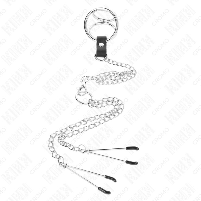 KINK - ANILLO PENE TRIPLE METAL CROMADO 3.8 CM A 5 CM CADENA METAL 26 CM Y PINZAS PARA PEZONES MODELO 2 - CandyHot - Foto 3