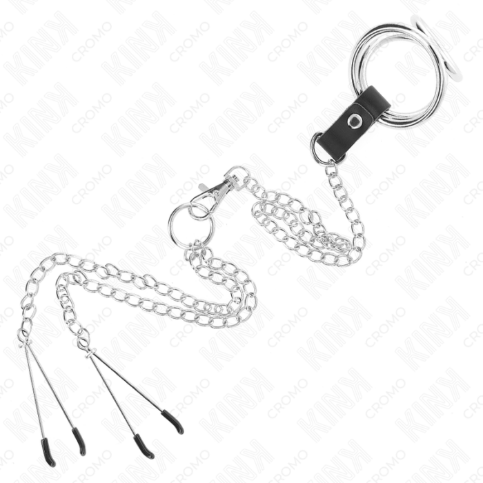 KINK - ANILLO PENE TRIPLE METAL CROMADO 3.8 CM A 5 CM CADENA METAL 26 CM Y PINZAS PARA PEZONES MODELO 2 - CandyHot - Foto 5