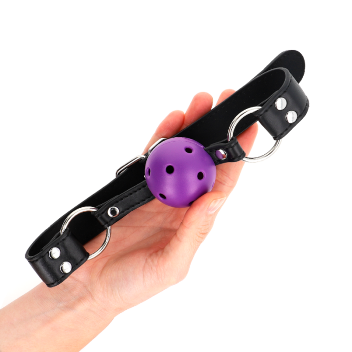 KINK - MORDAZA DE BOLA 4 CM TRANSPIRABLE CON DOBLE REMACHE MORADO 62 x 2.5 CM AJUSTABLE 42-58 CM - CandyHot - Foto 3