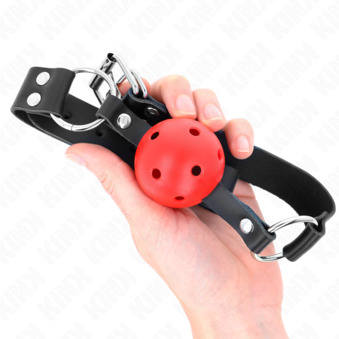 KINK - MORDAZA DE BOLA 4 CM TRANSPIRABLE CON DOBLE REMACHE ROJO 62 x 2.5 CM AJUSTABLE 42-58 CM - CandyHot - Foto 4