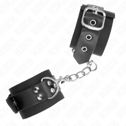KINK - MUÑEQUERAS DE NYLON NEGRO CON CORREA CUERO NEGRO AJUSTABLE 19-29 CM X 5.1 CM - CandyHot - Foto 2