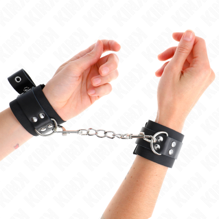 KINK - MUÑEQUERAS DE NYLON NEGRO CON CORREA CUERO NEGRO AJUSTABLE 19-29 CM X 5.1 CM - CandyHot - Foto 4