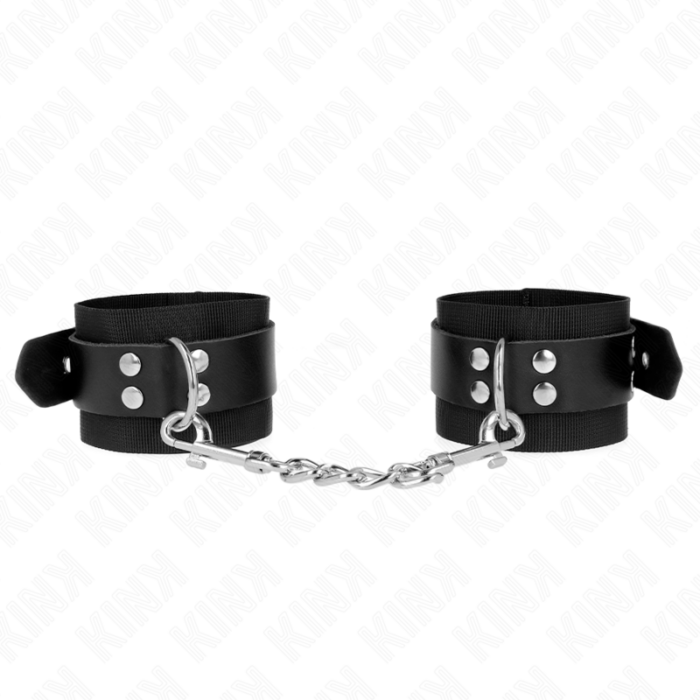KINK - MUÑEQUERAS DE NYLON NEGRO CON CORREA CUERO NEGRO AJUSTABLE 19-29 CM X 5.1 CM - CandyHot - Foto 1