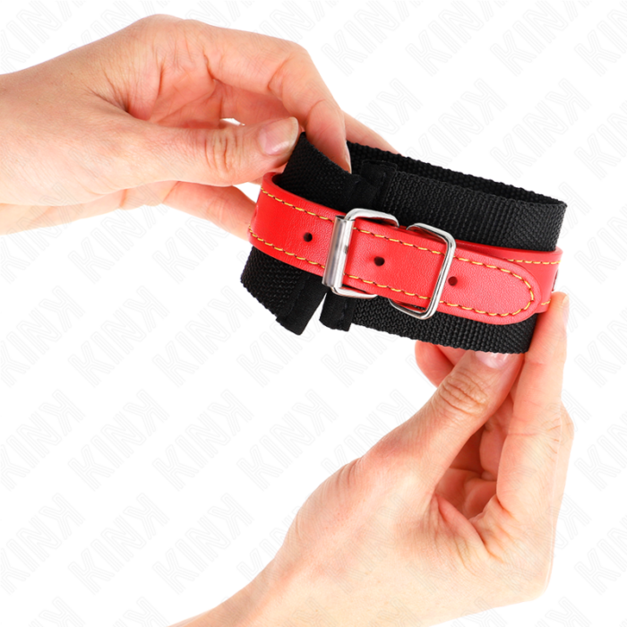 KINK - MUÑEQUERAS DE NYLON NEGRO CON CORREA POLIPIEL ROJO AJUSTABLE 19-24 CM X 5.5 CM - CandyHot - Foto 3