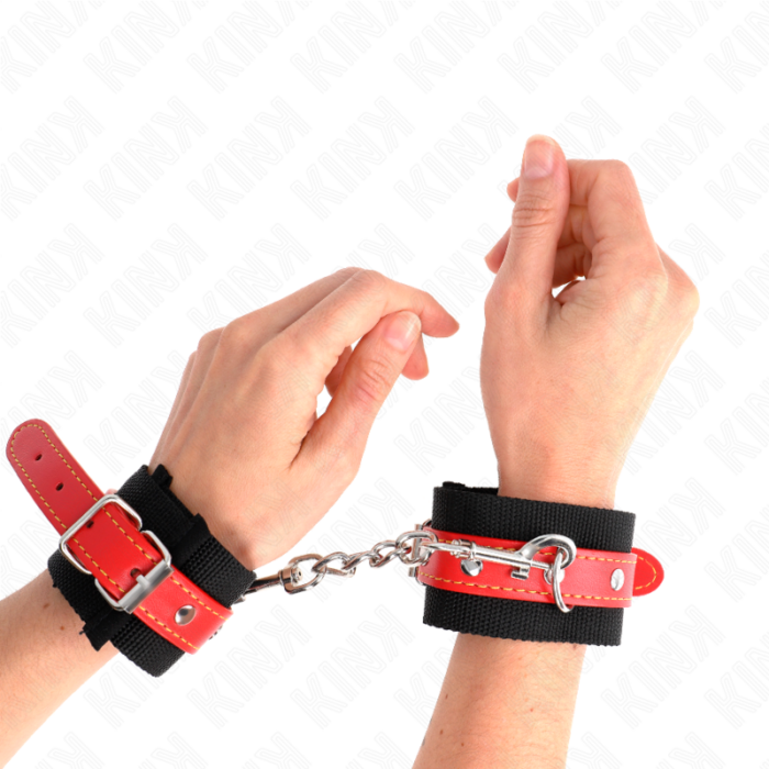 KINK - MUÑEQUERAS DE NYLON NEGRO CON CORREA POLIPIEL ROJO AJUSTABLE 19-24 CM X 5.5 CM - CandyHot - Foto 4