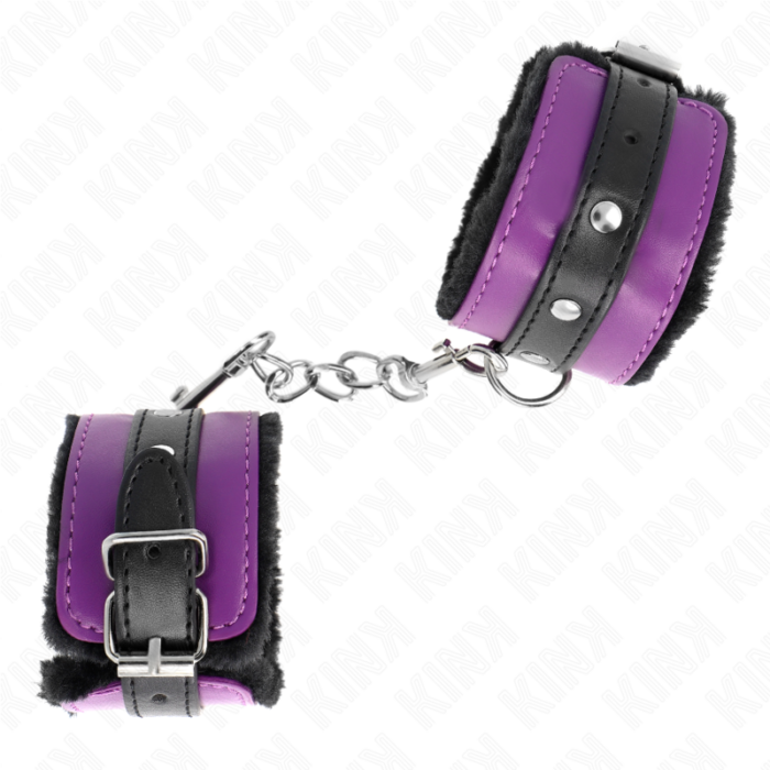 KINK - MUÑEQUERAS FORRADAS PREMIUM NEGRO CON CORREA VIOLETA / NEGRO AJUSTABLE 17-29 CM X 6 CM - CandyHot - Foto 2