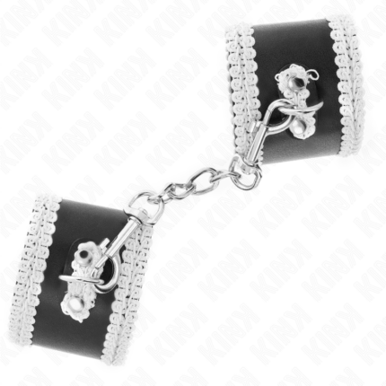 KINK - MUÑEQUERAS NEGRO CON ENCAJE DECORATIVO BLANCO AJUSTABLE 20-23 CM X 5.5 CM - CandyHot - Foto 2