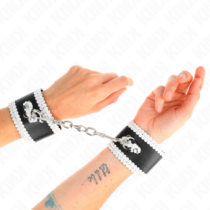 KINK - MUÑEQUERAS NEGRO CON ENCAJE DECORATIVO BLANCO AJUSTABLE 20-23 CM X 5.5 CM - CandyHot - Foto 4