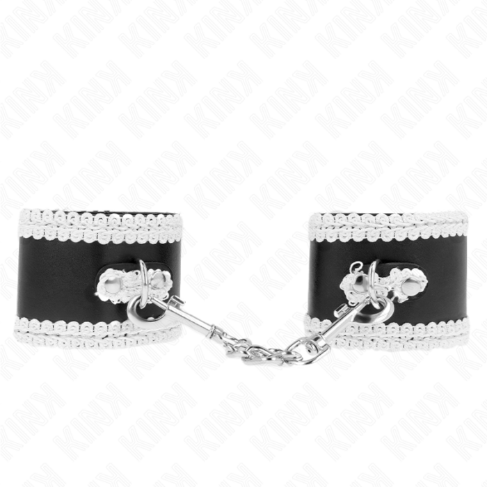 KINK - MUÑEQUERAS NEGRO CON ENCAJE DECORATIVO BLANCO AJUSTABLE 20-23 CM X 5.5 CM - CandyHot - Foto 1