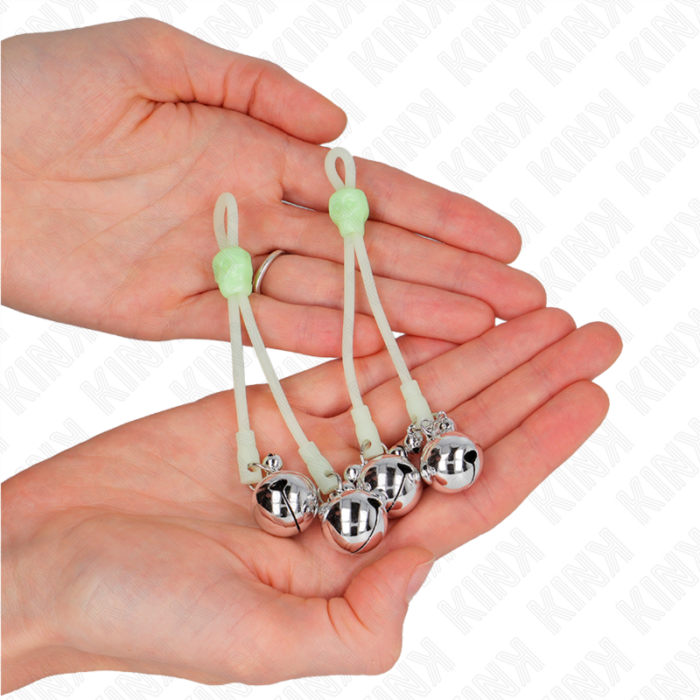 KINK - PINZAS PARA PEZONES LUMINOSAS FORMA CALABERA CON CASCABEL SONORO AJUSTABLE VERDE / PLATEADO - CandyHot - Foto 3