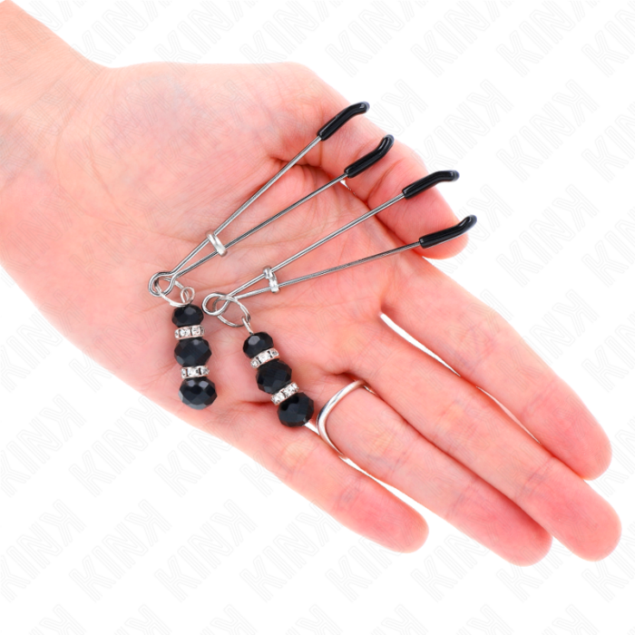 KINK - PINZAS PARA PEZONES PLATEADA FINA CON TRIPLE BOLA DE VIDRIO NEGRO 7 CM - CandyHot - Foto 3
