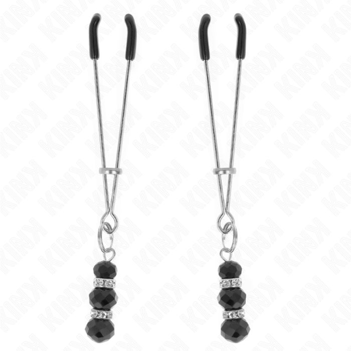 KINK - PINZAS PARA PEZONES PLATEADA FINA CON TRIPLE BOLA DE VIDRIO NEGRO 7 CM - CandyHot - Foto 1