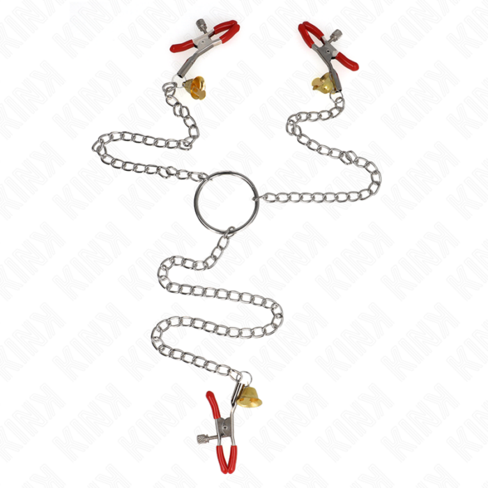 KINK - PINZAS PARA PEZONES Y CLÍTORIS ROJAS CON CASCABEL DORADO Y CADENA 30 CM - CandyHot - Foto 1