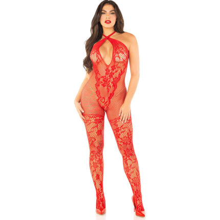 LEG AVENUE - BODYSTOCKING DE REJILLA CON ESTAMPADO DE FLORES ROJO TALLA ÚNICA - CandyHot - Foto 1