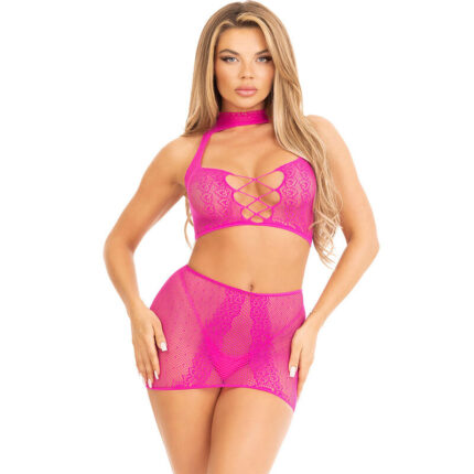 LEG AVENUE - TOP & FALDA DE ENCAJE ABIERTO FUCSIA - CandyHot - Foto 1