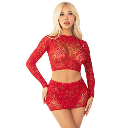 LEG AVENUE - TOP + FALDA DE REJILLA CON BRILLANTES ROJO - CandyHot - Foto 1