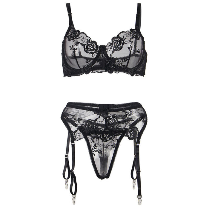 SUBBLIME - 945237 SUJETADOR + PANTIES CON LIGUERO DISEÑO FLORAL NEGRO S/M - CandyHot - Foto 5