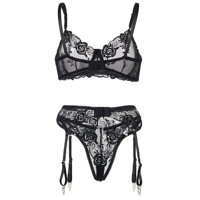 SUBBLIME - 945237 SUJETADOR + PANTIES CON LIGUERO DISEÑO FLORAL NEGRO S/M - CandyHot - Foto 6