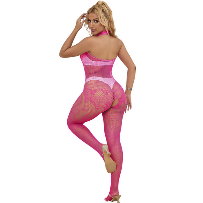 SUBBLIME - 952389 BODYSTOCKING CROTCHLESS DE REJILLA Y ENCAJE CON CUELLO ALTO ROSA TALLA ÚNICA - CandyHot - Foto 2