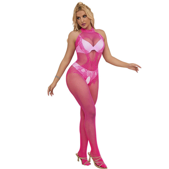 SUBBLIME - 952389 BODYSTOCKING CROTCHLESS DE REJILLA Y ENCAJE CON CUELLO ALTO ROSA TALLA ÚNICA - CandyHot - Foto 5