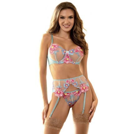 SUBBLIME - 954116 SUJETADOR + PANTIES CON LIGUERO DISEÑO FLORAL AZUL L/XL - CandyHot - Foto 1