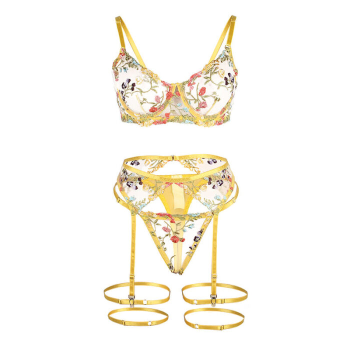 SUBBLIME - 954345 SUJETADOR + TANGA + LIGUEROS DISEÑO FLORAL AMARILLO S/M - CandyHot - Foto 6