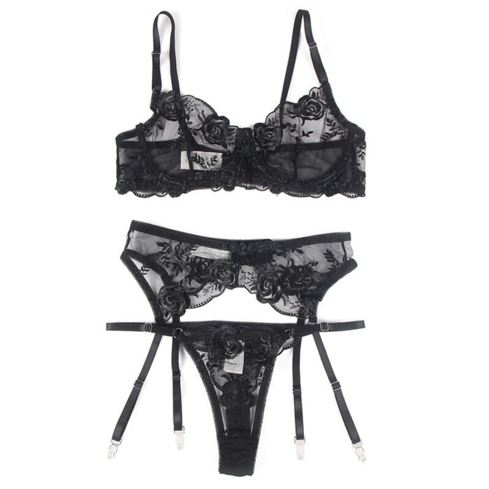 SUBBLIME - SET DE 3 PIEZAS SUJETADOR + TANGA + LIGA ESTAMPADO FLORAL NEGRO L/XL - CandyHot - Foto 6