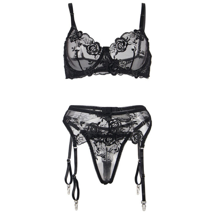 SUBBLIME - SET DE 3 PIEZAS SUJETADOR + TANGA + LIGA ESTAMPADO FLORAL NEGRO S/M - CandyHot - Foto 6