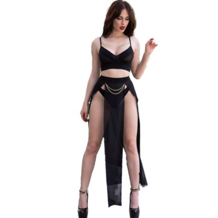 CHILIROSE - CR 4672 TOP NEGRO FALDA Y TANGA CON CADENAS DORADAS L - CandyHot - Foto 2