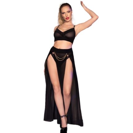 CHILIROSE - CR 4672 TOP NEGRO FALDA Y TANGA CON CADENAS DORADAS L - CandyHot - Foto 1