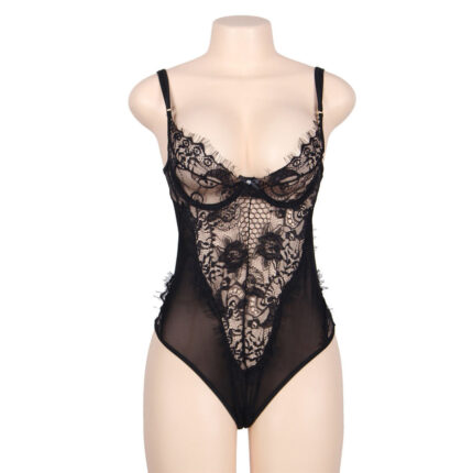 SUBBLIME - TEDDY ENCAJE FLORAL Y CON FLECOS NEGRO TALLA GRANDE - CandyHot - Foto 1