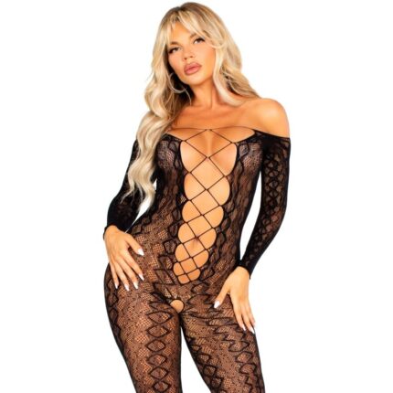 LEG AVENUE - BODYSTOCKING SIN ENTREPIERNA DE ENCAJE DE SERPIENTE EXÓTICA NEGRO - CandyHot - Foto 1