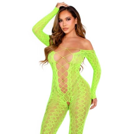 LEG AVENUE - BODYSTOCKING SIN ENTREPIERNA DE ENCAJE DE SERPIENTE EXÓTICA VERDE NEÓN - CandyHot - Foto 1