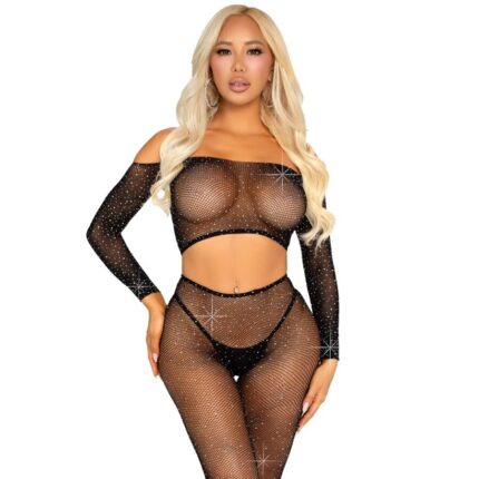 LEG AVENUE - CROP TOP Y LEGGING DE REJILLA CON PEDRERÍA NEGRO - CandyHot - Foto 1