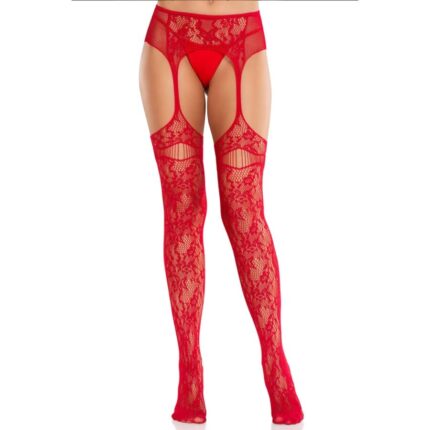 LEG AVENUE - MEDIAS DE ENCAJE CON LIGAS ROJO - CandyHot - Foto 1
