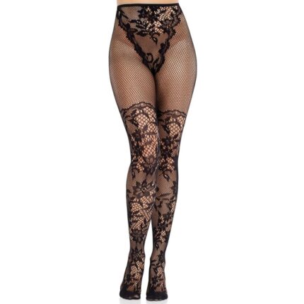 LEG AVENUE - MEDIAS DE ENCAJE DAHLIA CON DETALLE DE RED NEGRO - CandyHot - Foto 1