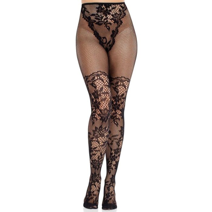 LEG AVENUE - MEDIAS DE ENCAJE DAHLIA CON DETALLE DE RED NEGRO - CandyHot - Foto 1